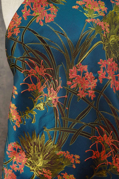Gold Thread Jacquard Woven Fabric: 3D Teal Floral Embossed Upholstery, Costume, Sewing - 62"W