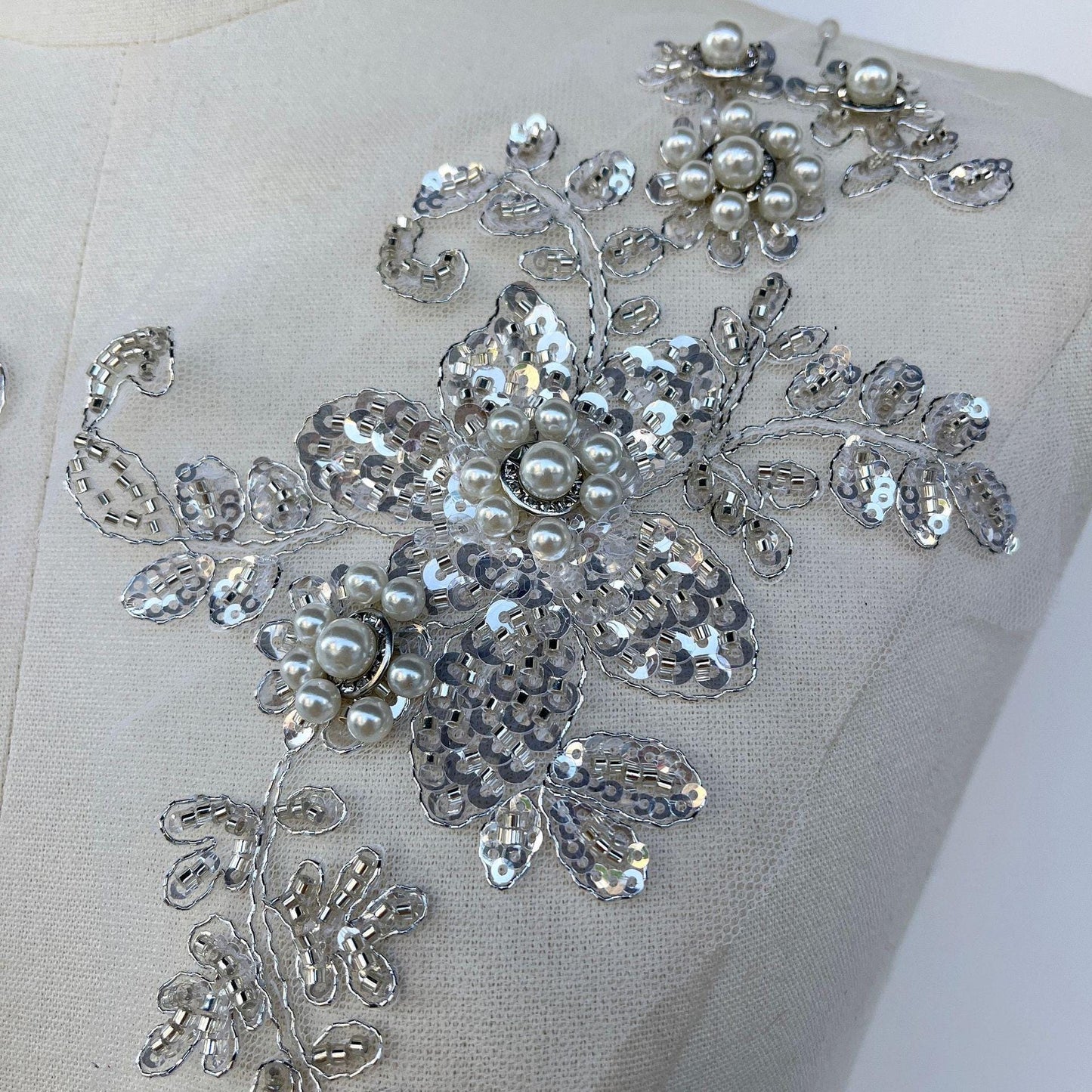 Embroidered Sequin Lace Trim: Light Ivory Bridal Applique - 11" By The Yard