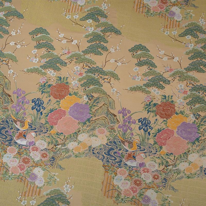 Nishijin Weave Fabric: Japanese Mandarin Duck & Floral Pattern (By The Meter)