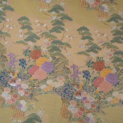 Nishijin Weave Fabric: Japanese Mandarin Duck & Floral Pattern (By The Meter)