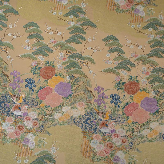 Tissu Nishijin Weave : motif canard mandarin japonais et fleurs (au mètre)