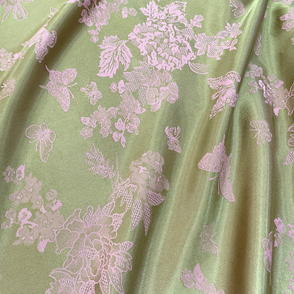 Butterfly Floral Print Fabric: Green Botanical Polyester Spandex Blend