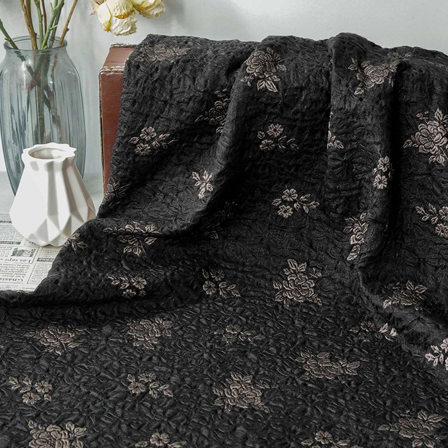 Embossed Jacquard Fabric: Black with Brown Floral Design, 59" Wide