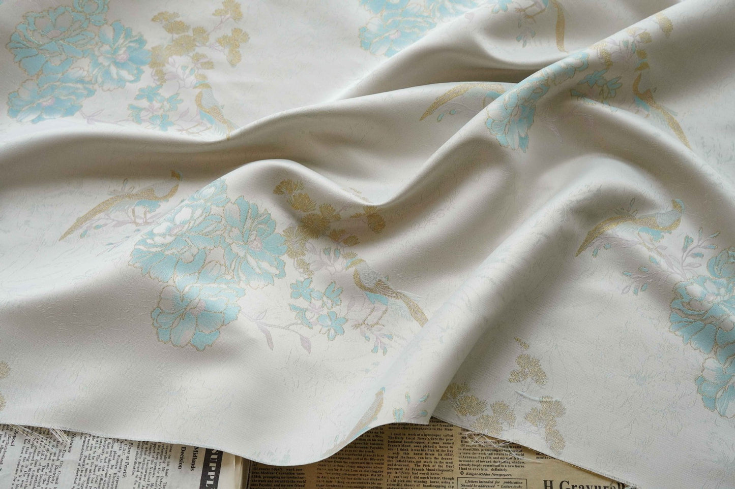 Gold Bird Flower Jacquard Damask Fabric: Rayon Blend Sewing Material