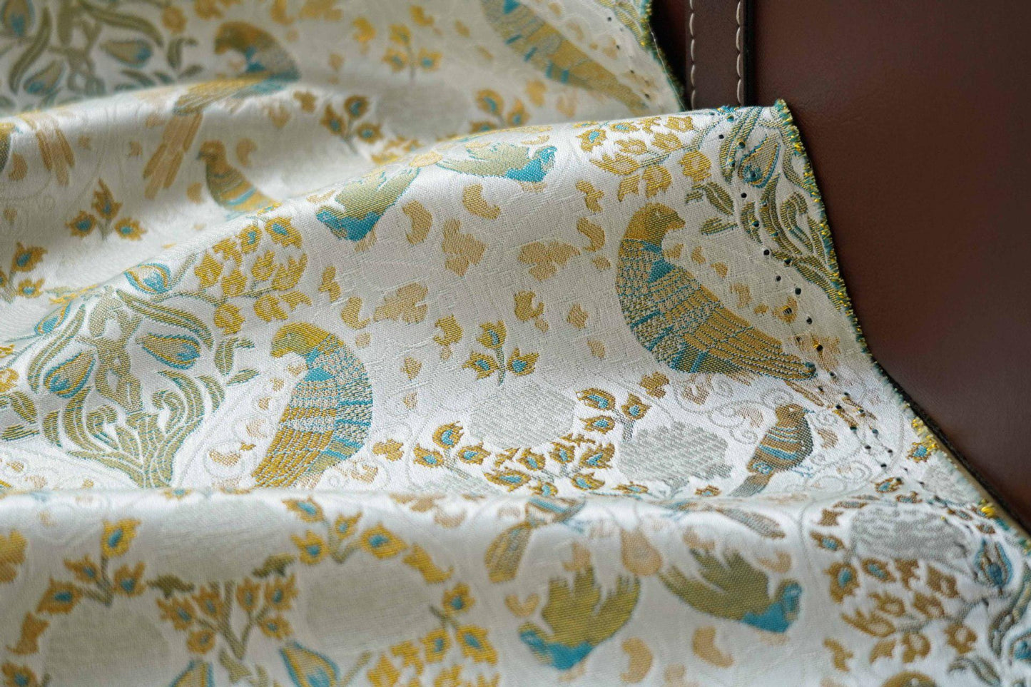 Gold Floral Bird Fabric: 58"W Rayon Blend Upholstery & Drapery