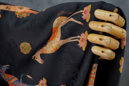 Horse Jacquard Tea Silk Fabric, Chinese Symbolic Textile, 59"W