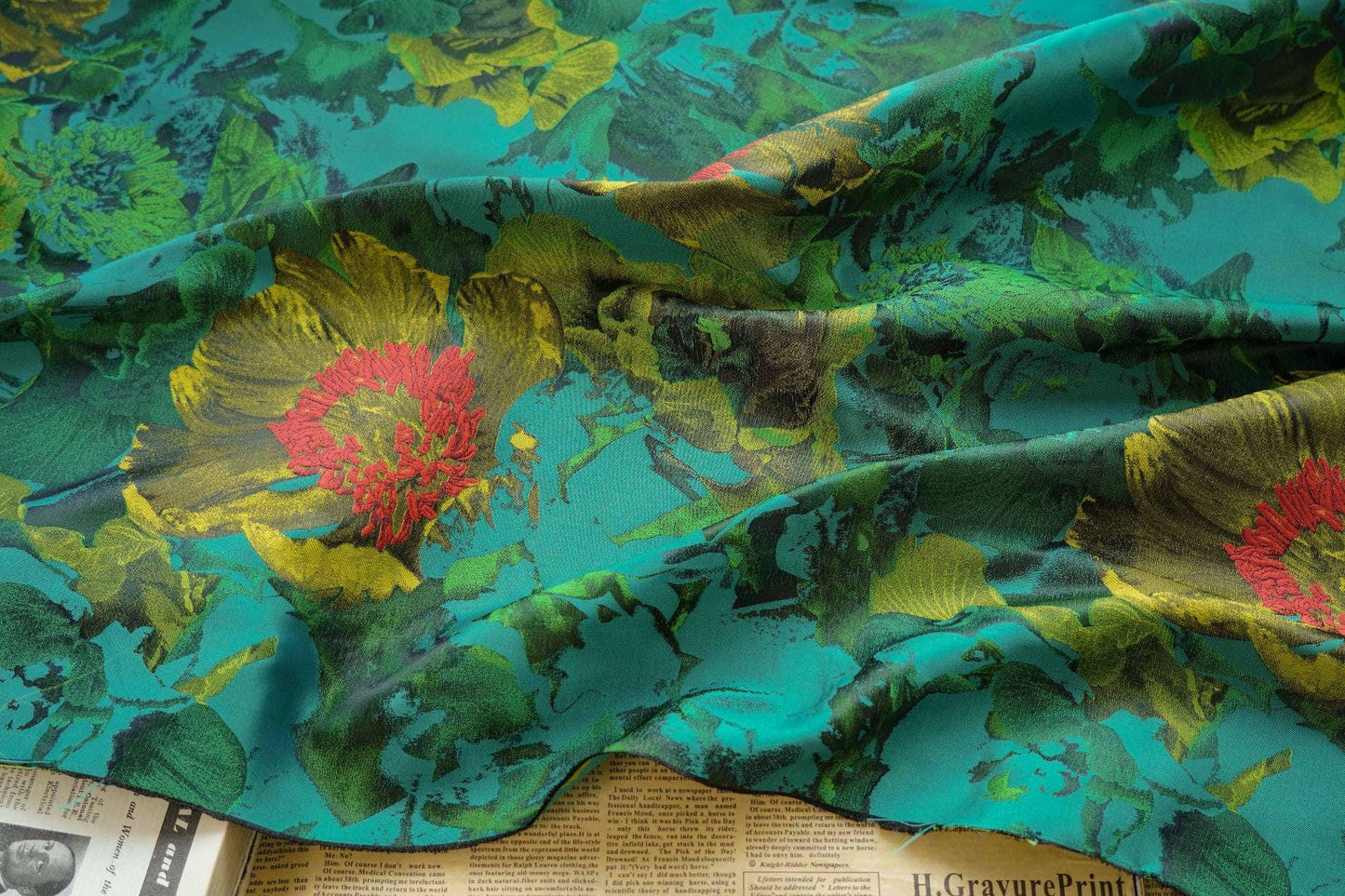 Green Floral Jacquard Fabric: 64"W Polyester Upholstery & Drapery