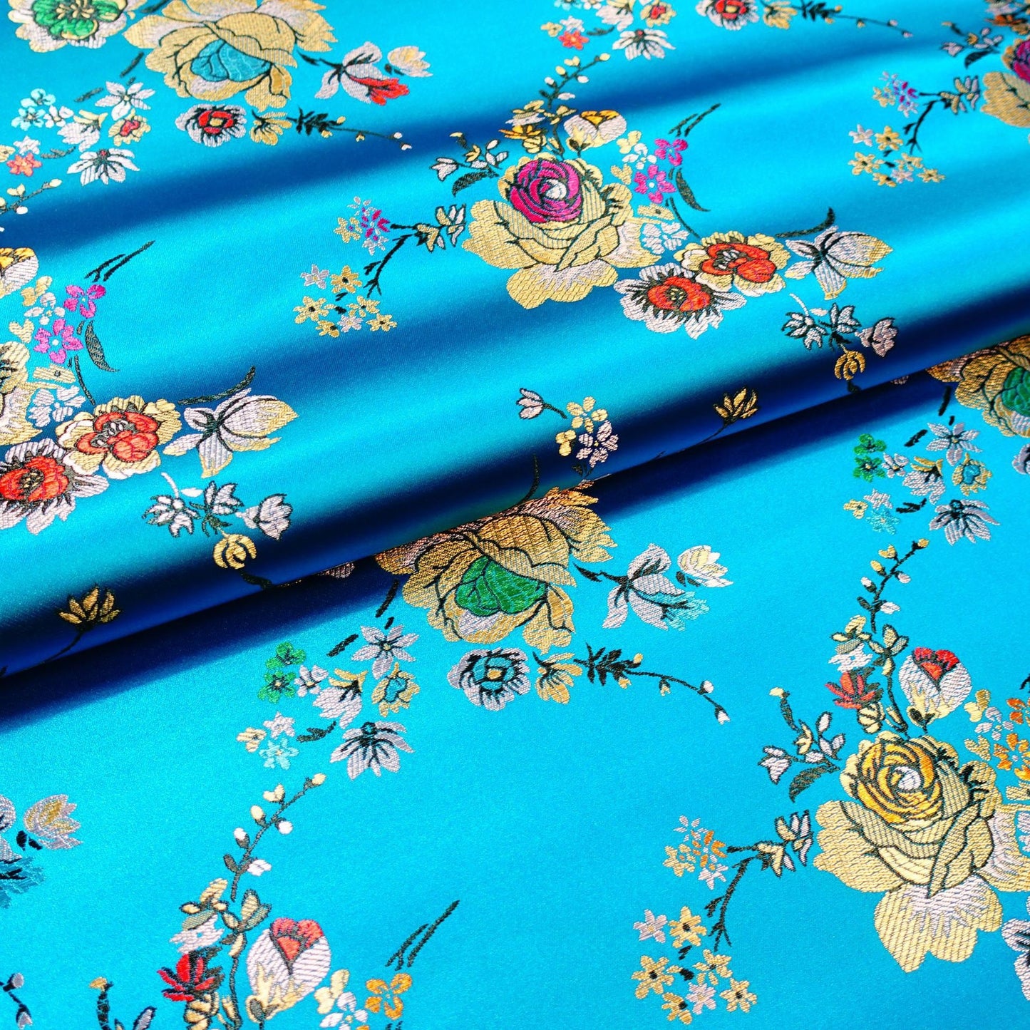 Floral Brocade Fabric: Turquoise Cheongsam Qipao Sewing Material (45"W)