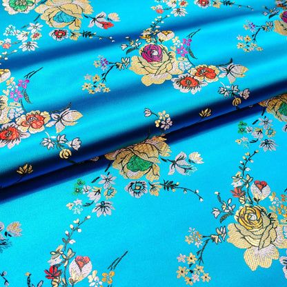 Floral Brocade Fabric: Turquoise Cheongsam Qipao Sewing Material (45"W)