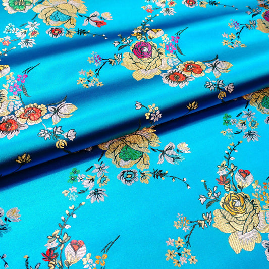 Floral Brocade Fabric: Turquoise Cheongsam Qipao Sewing Material (45"W)