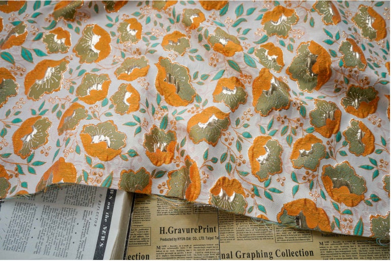 Orange 3D Flower Jacquard Fabric: Upholstery, Costume, Decor - 59"W