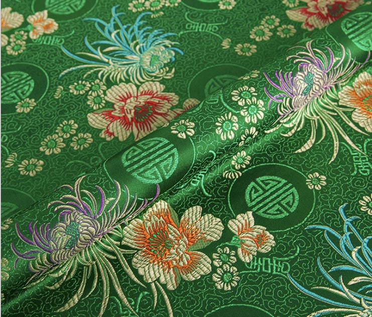 Chrysanthemum Brocade Fabric: Red & Yellow Floral Damask (29.5"W)
