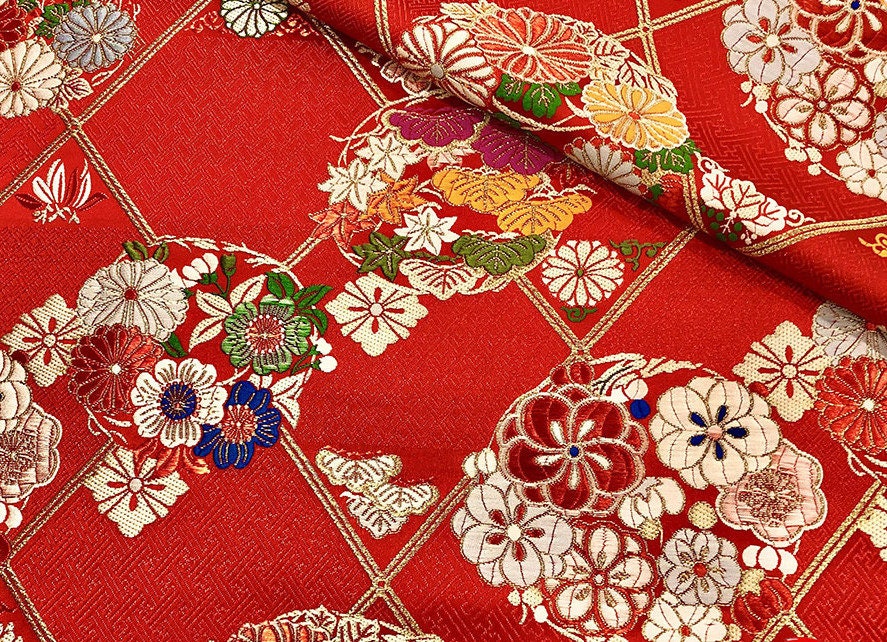 Nishijin Japanese Floral Brocade Fabric: Red Silk Rayon Jacquard