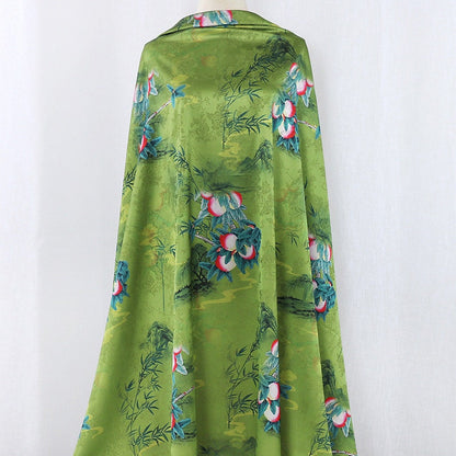Peach Teal Tea Silk Satin Fabric: Floral Print, 59" Wide