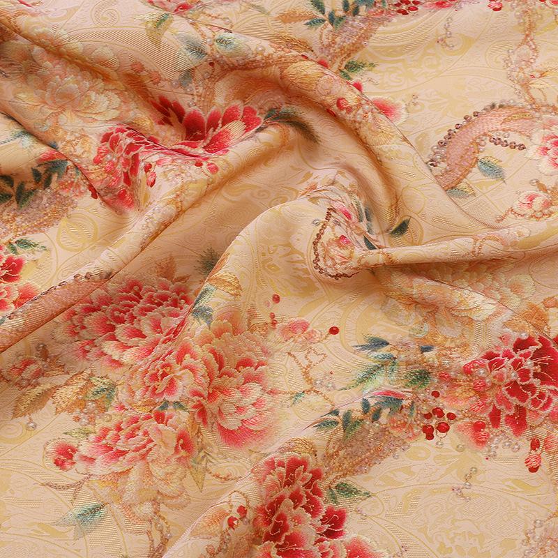 Peony Brocade Jacquard Fabric: Light Apricot Satin Tea Silk (59" Wide)