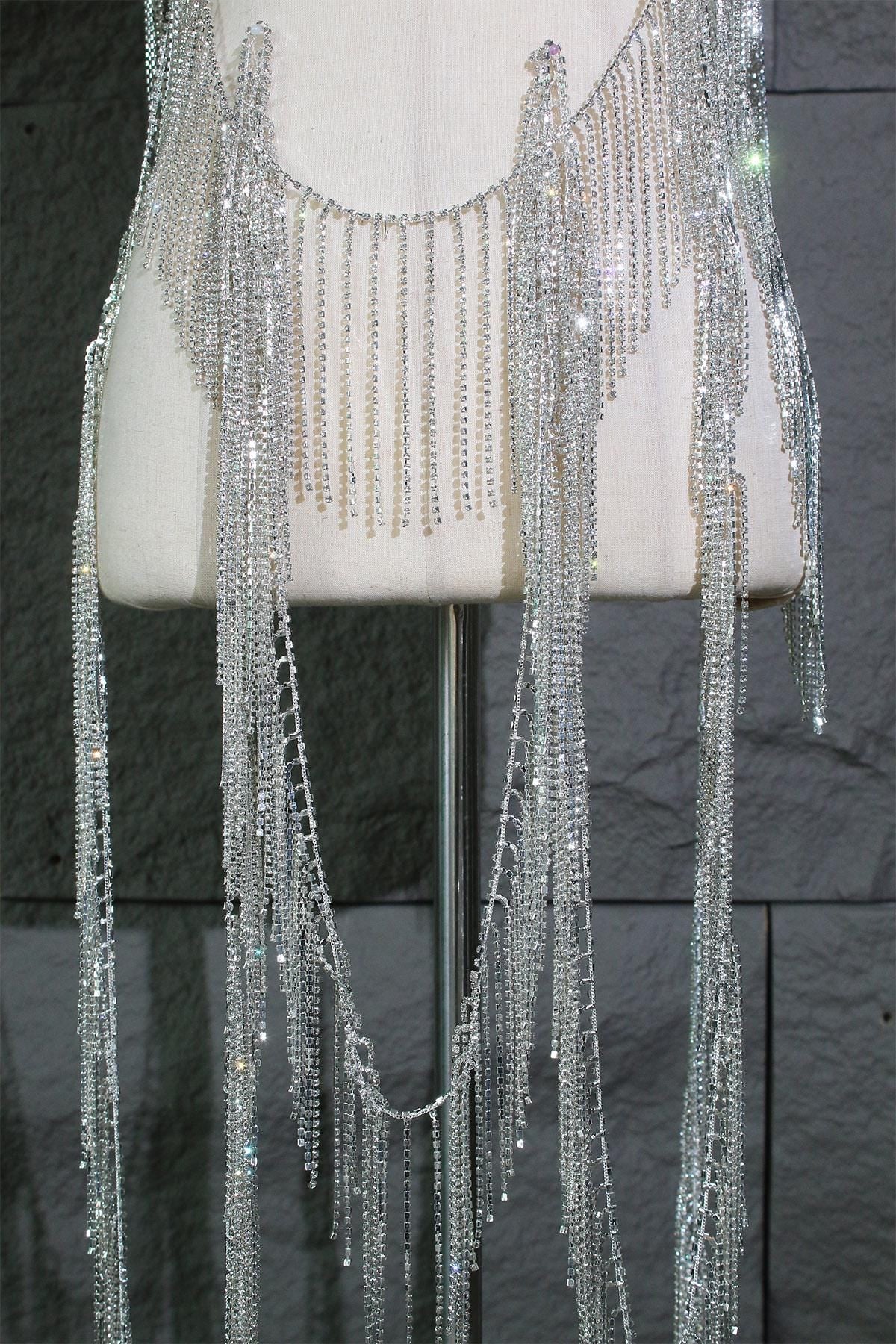 Rhinestone Tassel Chain: Crystal Glitter DIY Wedding Dress Accessory (12cm)