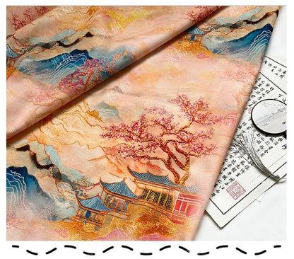 Oriental Landscape Cotton Fabric: Fairy Mountain Palace Print, Quilting Material (55"W)