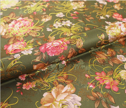Chrysanthemum Silk Brocade Fabric: 59"W Floral Damask, Upholstery & Sewing
