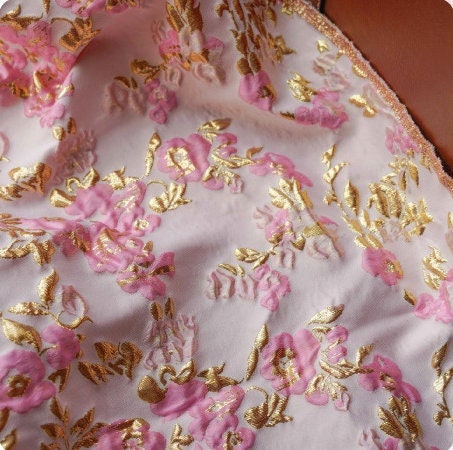 Pink Gold Floral Jacquard Fabric: 3D Designer Sewing Material (57"W)