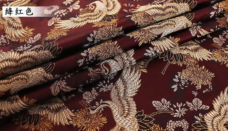 Crane Damask Jacquard Satin Fabric - 59"W Silk Rayon Blend