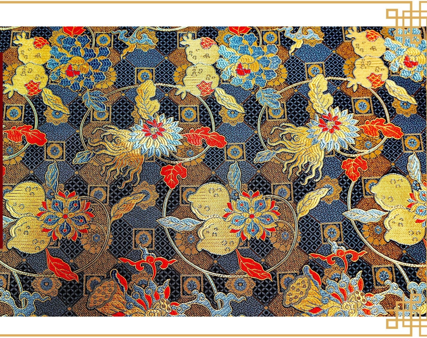 Tissu brocart de soie à motif grenade : rayonne pour ameublement, costumes et décoration (45 po de largeur, 1 mètre)