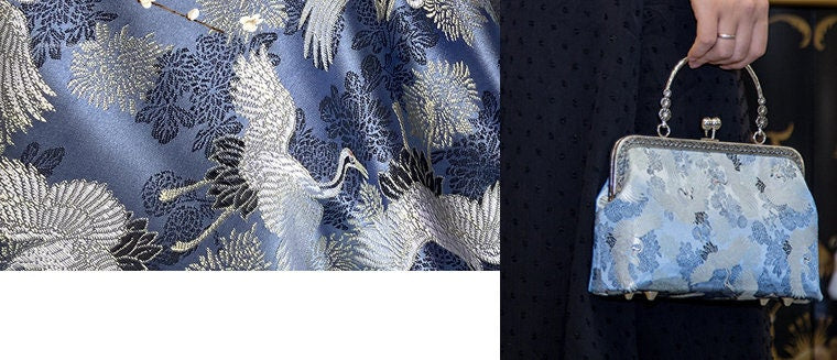 Blue Crane Jacquard Satin Fabric: Antique Cheongsam Sewing Fabric