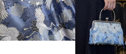 Blue Crane Jacquard Satin Fabric: Antique Cheongsam Sewing Fabric
