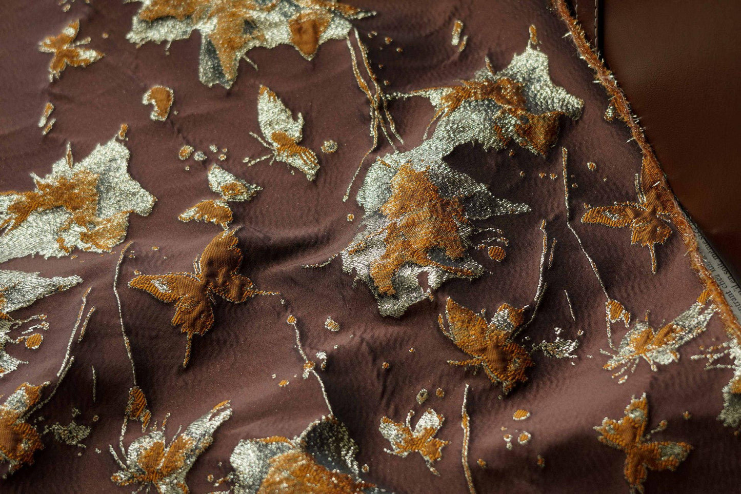 Embossed Butterfly Brocade Fabric: Gold Thread Jacquard Ink Splash - Sewing Material