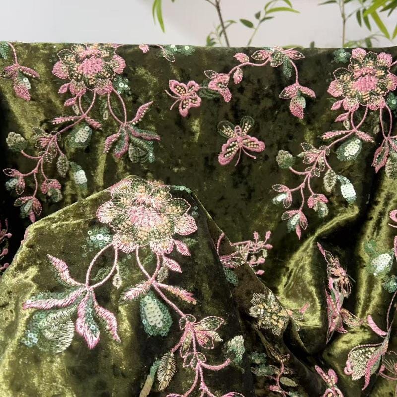 49"W Embroidered Sequin Fabric ��� Floral Embroidery Sparkle Material for Dressmaking, Crafts, and DIY Pr