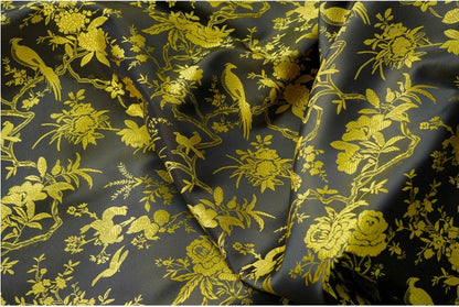 Black Gold Chinese Brocade Fabric Wild Bird and Azalea Cushion cover, pillow case, cheongsam, Qipao, Upholstery, Costume, bag, Sewing/Fabric