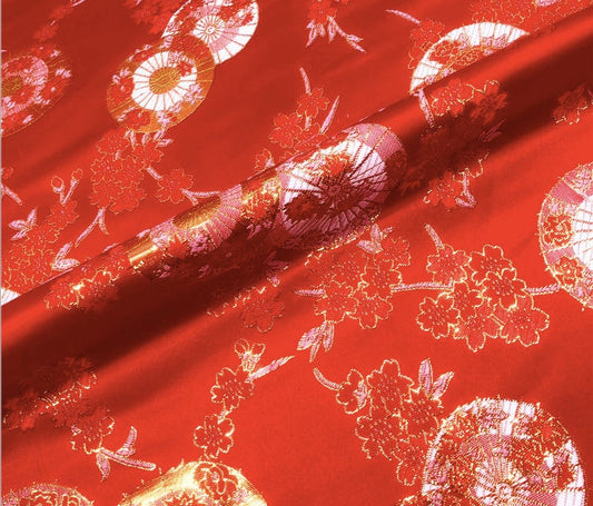 Tissu brocart jacquard pour parapluie japonais : kimono en rayonne de soie rouge, ameublement (150 cm de large)