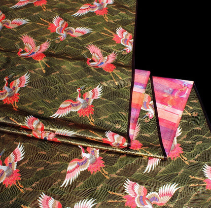 Crane Pattern Jacquard Satin Fabric: 58"W Rayon Brocade by the Meter