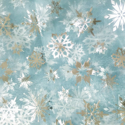 Tissu organza à motif flocon de neige : impression à chaud bleue et blanche, 150 cm de large