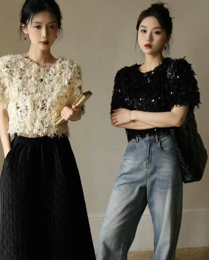 Beige Feather Sequin Embroidery Fabric: 49" Wide Costume Material