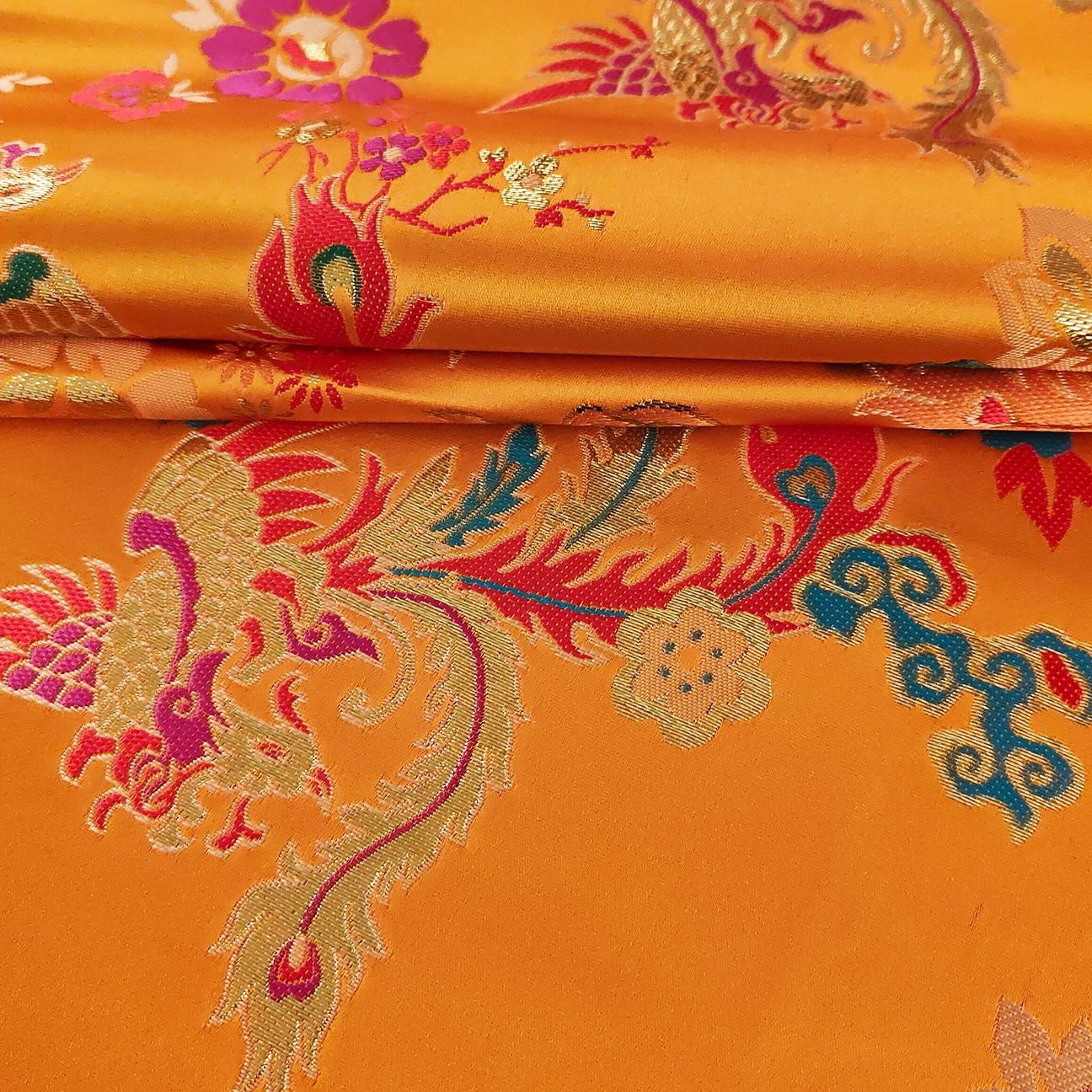 29.5"W Birds Fabric, A hundred birds are paying homage to a phoenix pattern Jacquard Satin Fabric, Upholstery, Quilting and Sewing fabric