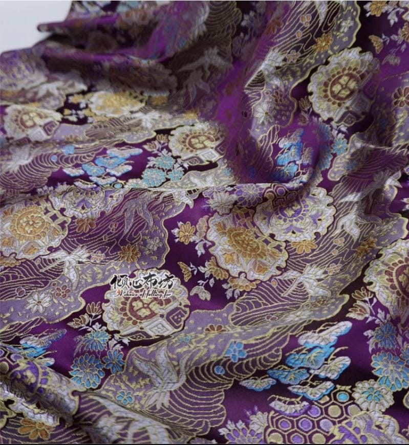 Nishijin Crane Kinran Fabric: Black Jacquard Silk Brocade Damask