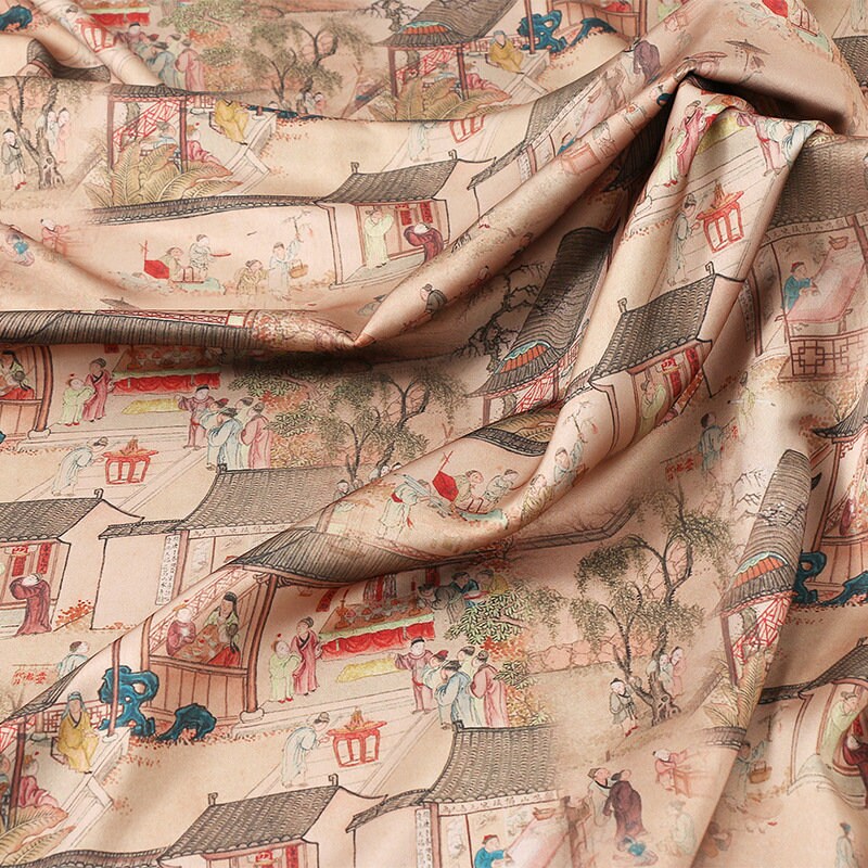 Dream of Red Mansions Satin Fabric: 59"W Digital Print for Sewing & Decor