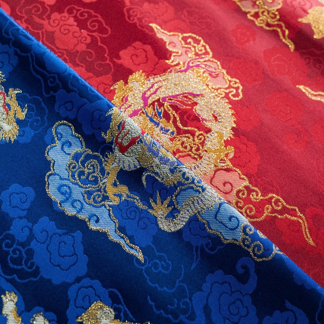 Chinese Dragon & Kirin Brocade Fabric: Blue Rayon, 55" Wide