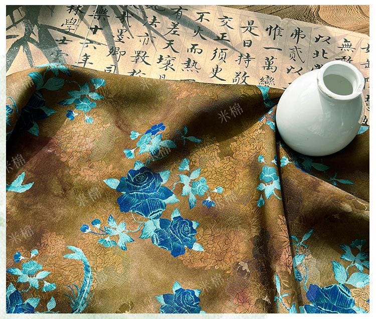 Floral Brocade Fabric ��� Blue Gold Rayon Silk Ble" Wide