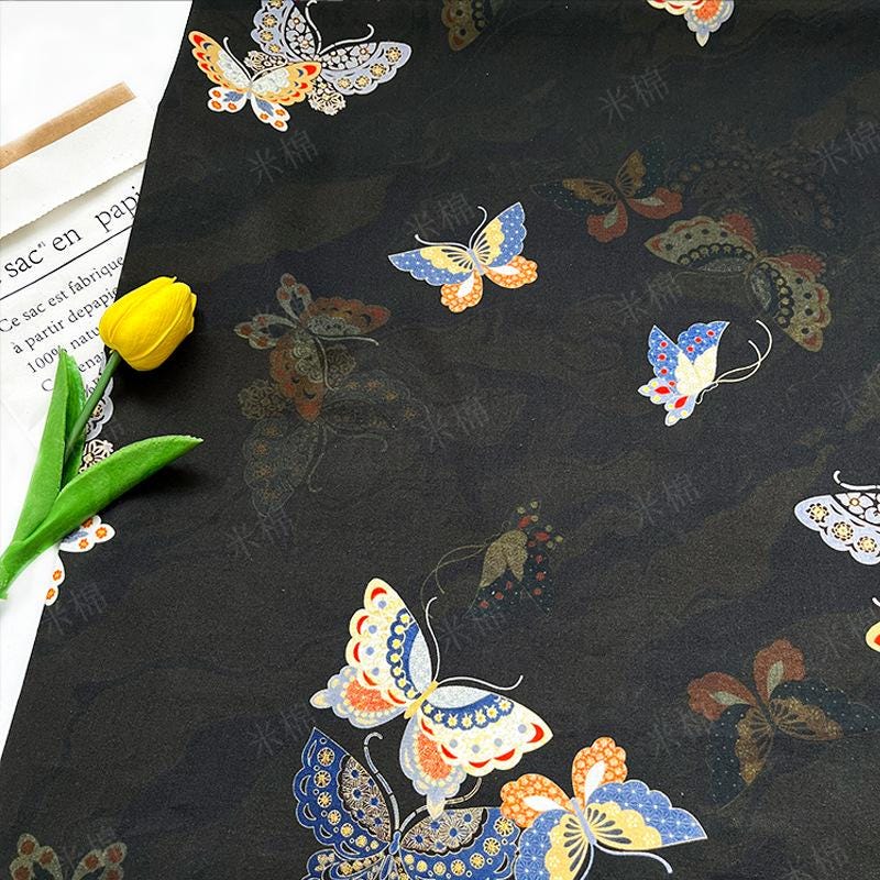 Butterfly Print Cotton Fabric: Black New Chinese Style (56" Wide)