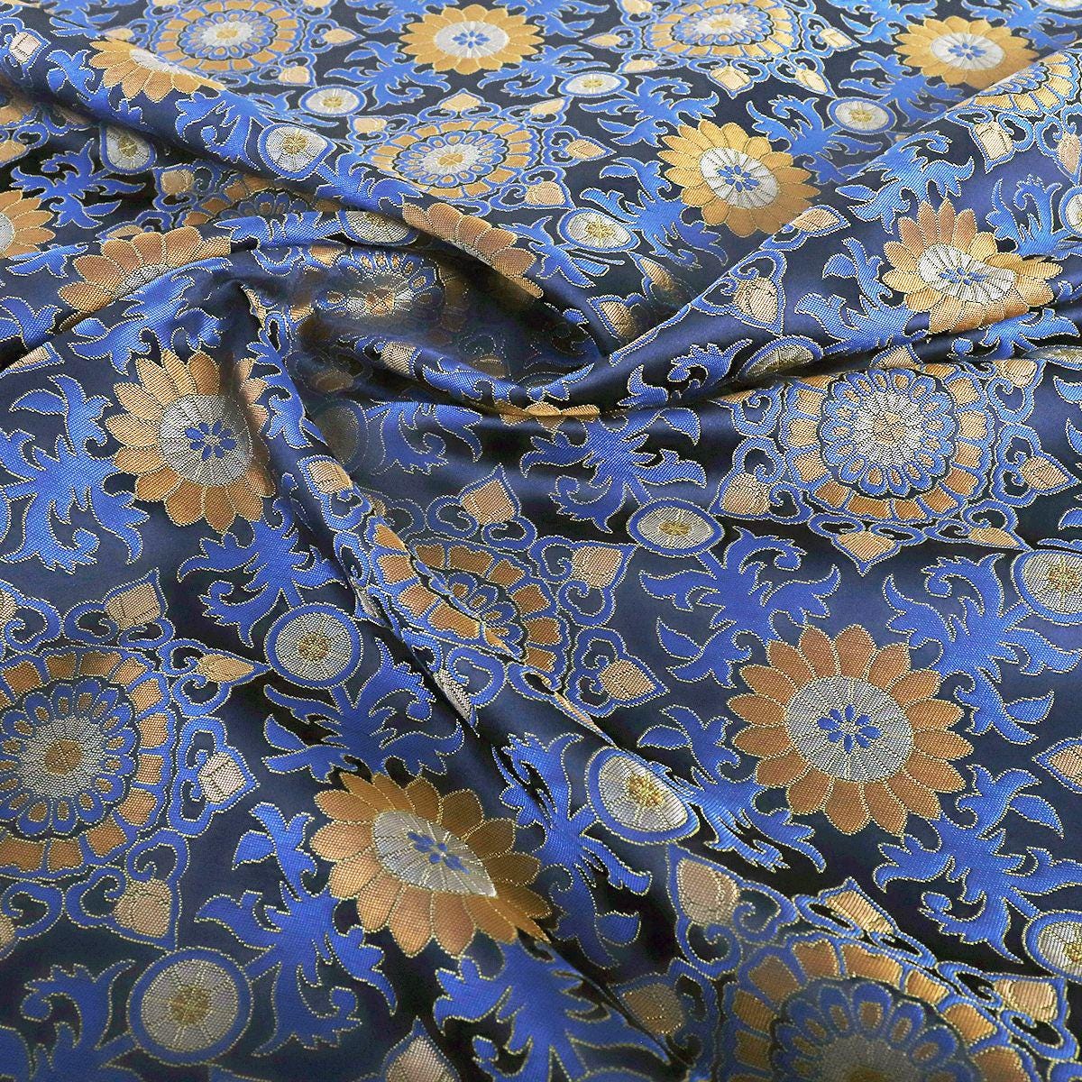 Navy Blue Zen Flower Brocade Fabric: 59" Wide, Upholstery & Costume