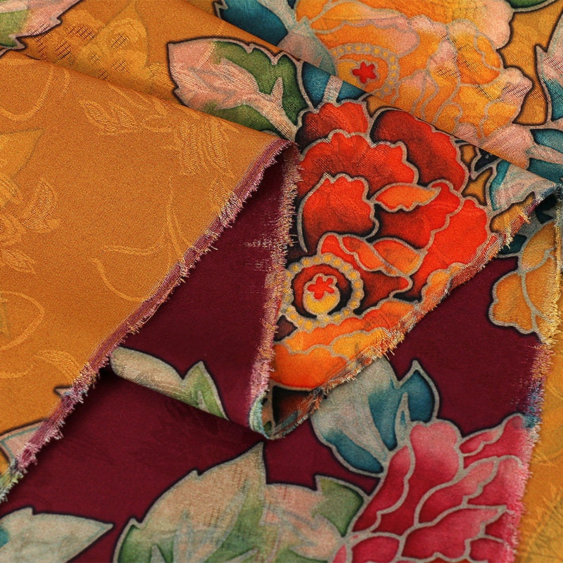 Floral Jacquard Rayon Fabric: 59"W Tea Silk, Costume & Decor