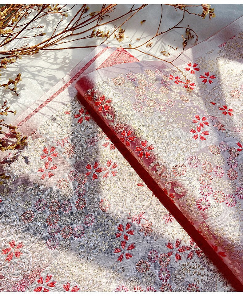 Japanese Cherry Blossom Brocade Fabric: Pink Silk Kinran for Kimono, Bowknot