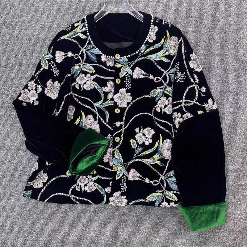 Beaded Floral Velvet Fabric: 43"W Embroidery Designer Material