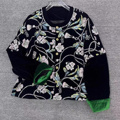 Beaded Floral Velvet Fabric: 43"W Embroidery Designer Material