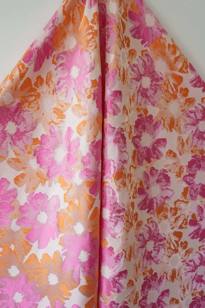 Floral Jacquard Brocade Fabric: Orange Pink Flower Pattern, 65" Wide
