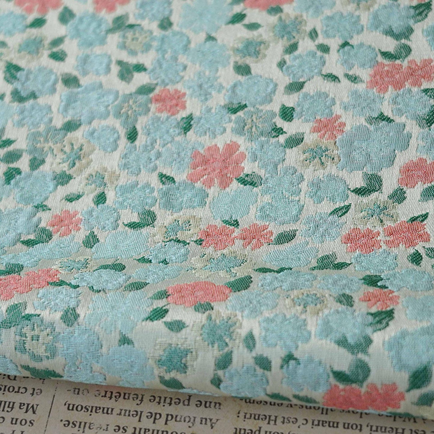 Blue & Pink Floral Jacquard Fabric - 63"W Chinese Style