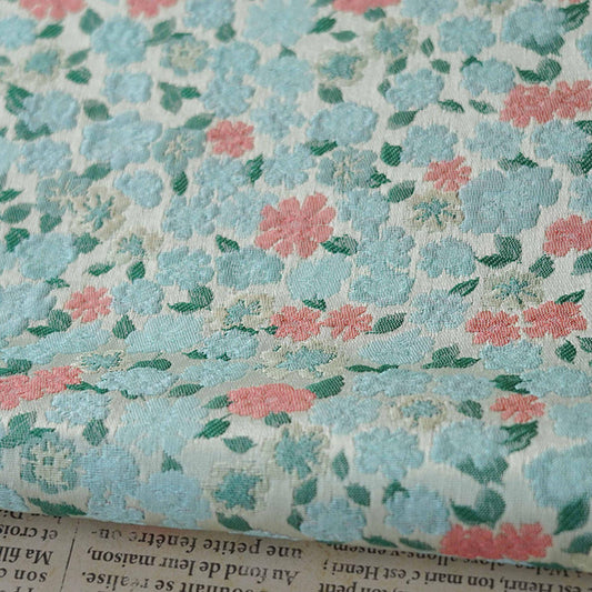 Blue & Pink Floral Jacquard Fabric - 63"W Chinese Style