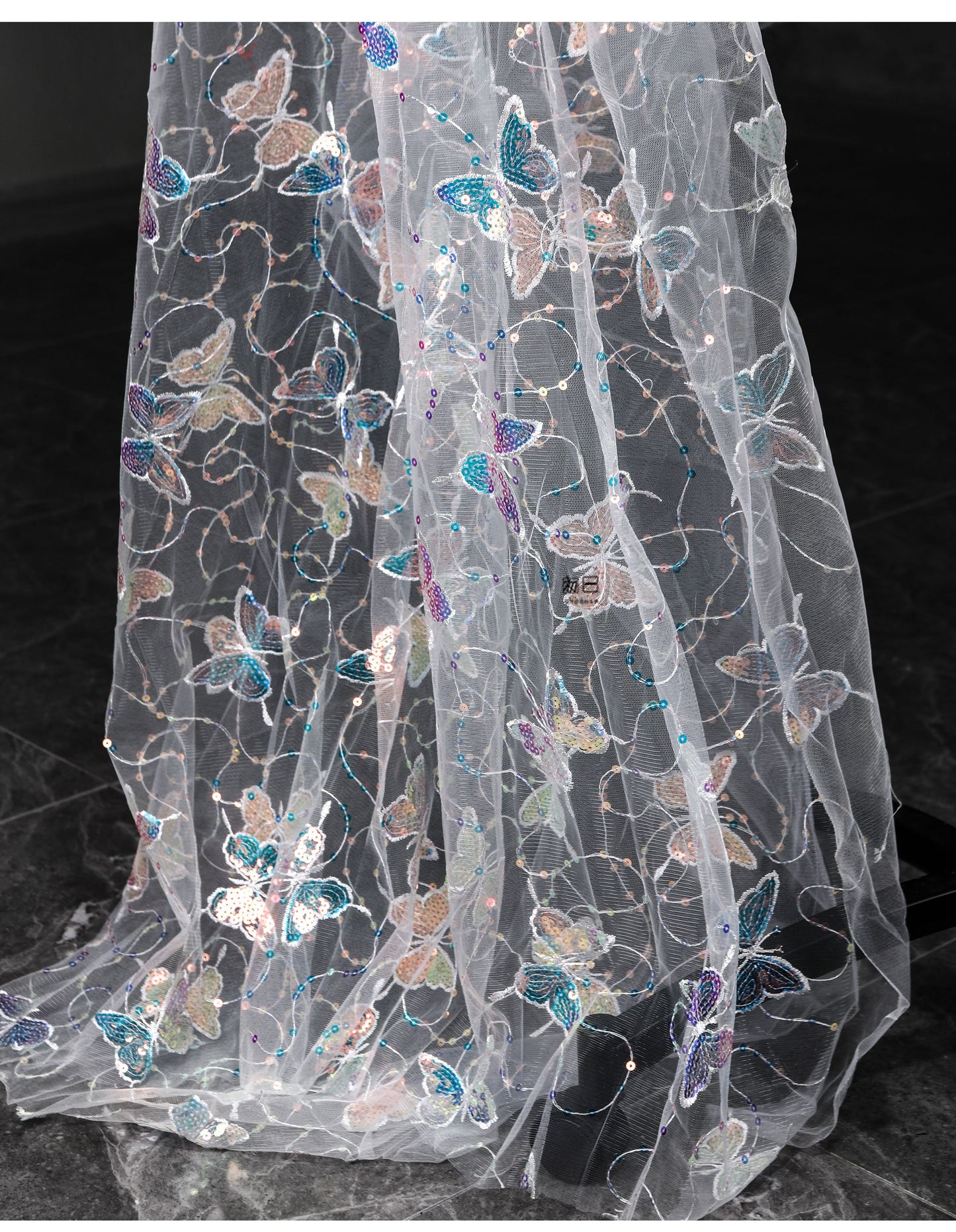 Butterfly Sequin Embroidered Mesh Fabric, See-Through Designer Fabric