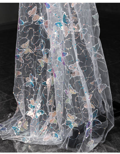 Butterfly Sequin Embroidered Mesh Fabric, See-Through Designer Fabric